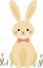 Cute Easter bunny with a striped egg on grass surrounded by flowers and plants