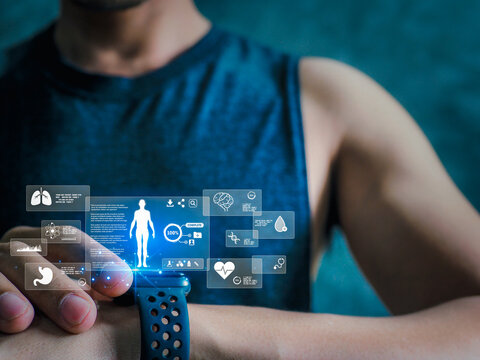 The men wearing a smart watch displays futuristic health data through an AI-powered interface, showing vital stats, medical info, and performance analytics in a sleek digital overlay.