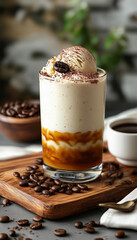 A refreshing iced coffee drink served in a clear glass, beautifully topped with whipped cream and garnished with coffee beans, displayed with a cozy ambiance perfect for coffee enthusiasts.

