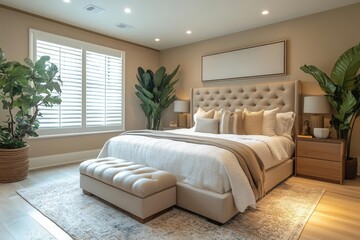Fototapeta premium stylishly modern bedroom featuring minimalist design elements soft lighting creating an inviting atmosphere with elegant decor and a serene color palette promoting relaxation and comfort
