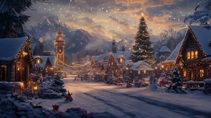 Snowy Christmas village scene at dusk with snow falling, illuminated houses, Christmas tree, clock tower, and figures.