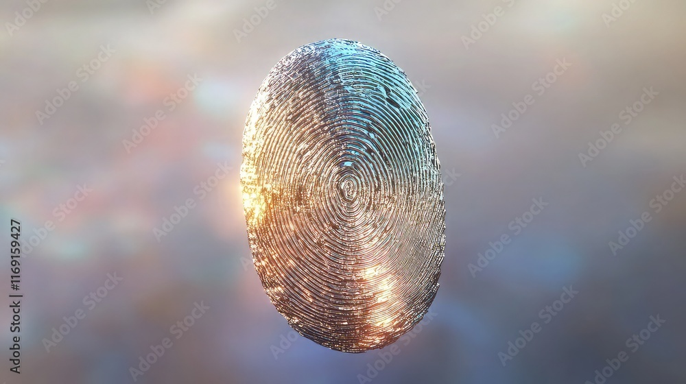 Poster a holographic 3d fingerprint floating on a transparent background with soft light reflections. the f
