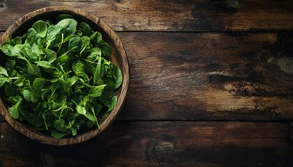 Fototapeta premium Fresh baby spinach in a wooden bowl on rustic wooden background