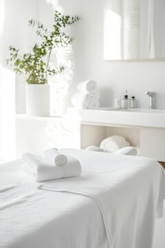 Beautiful spa elements on the massage table in the wellness center. Massage on light wooden background. blur living room, natural creams and moisturizing Healthy lifestyle