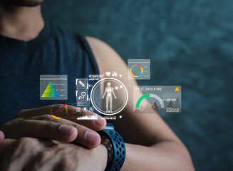 The men wearing a smart watch displays futuristic health data through an AI-powered interface, showing vital stats, medical info, and performance analytics in a sleek digital overlay.