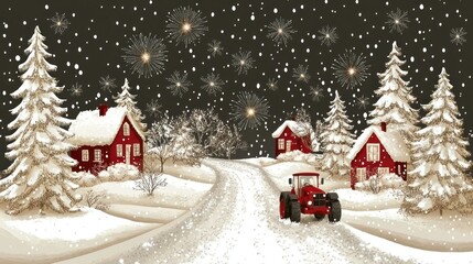 Fototapeta premium Snowy winter scene with red houses and a tractor.