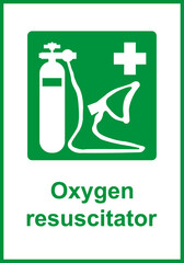 Green sign oxygen resuscitator. Indicates the location equipment for emergency oxygen resuscitation. Help for people experiencing oxygen deficiency. Iso 7010. First aid equipment.