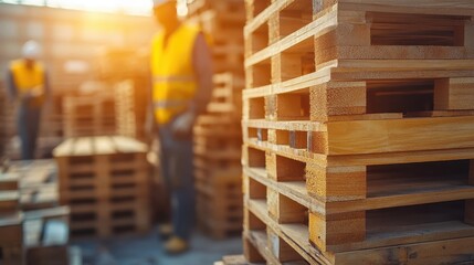 Obraz premium Neatly Stacked Wooden Pallets in Natural Light