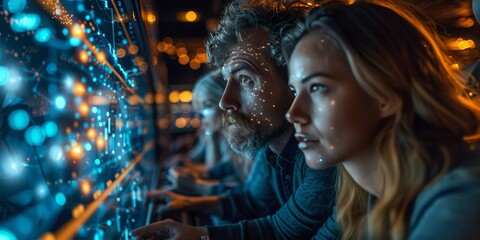 Team of professionals analyzing glowing digital data on futuristic interactive screens in a high-tech environment