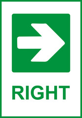 Green sign arrow right. Arrow pointing right. Shows the direction movement to the exit or shelter in an emergency. Movement right to the safety zone. Indicates the nearest safe point or exit. Iso 7010