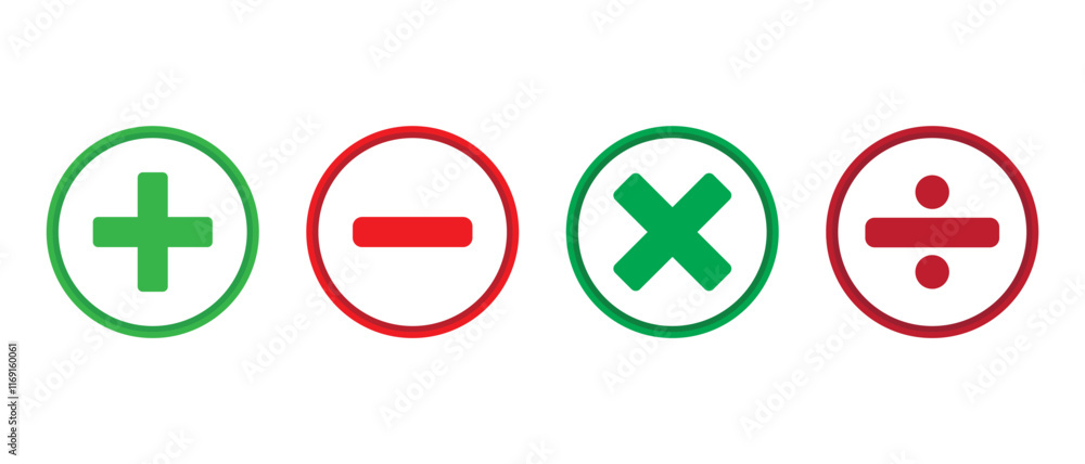 Poster plus minus multiply and divide sign isolate in circle on white background. vector icons with mathema