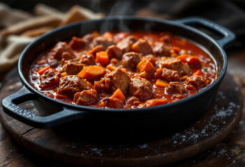a cast iron skillet containing a rich, red goulash with chunks of meat