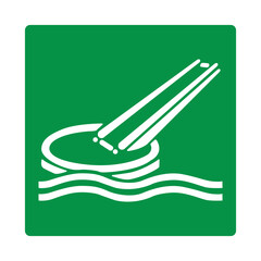 Green sign marine evacuation slide. Designation location slide intended for the evacuation persons from the vessel. Vertical ladder or inclined slide leading downwards. Iso 7010.