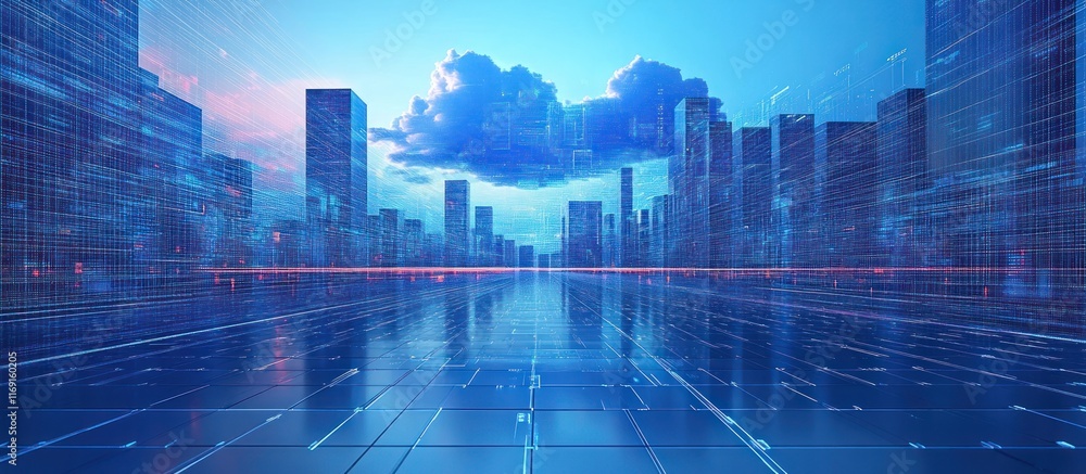 Poster futuristic cityscape with cloud computing concept.