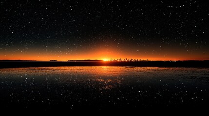 Fototapeta premium City skyline at sunset reflected in still water under a starry night sky.
