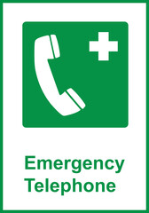 Green sign emergency telephone. Indicates the location a telephone or communication device intended for calling emergency services in the event an emergency. Iso 7010.