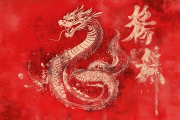 Obraz premium Design of snake on red background with traditional China patterns, symbol of 2025 year