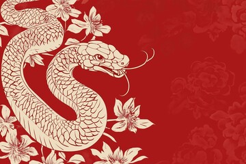 Fototapeta premium Design of snake on red background with traditional China patterns, symbol of 2025 year