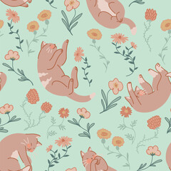 Seamless pattern of cute sleeping cats and wildflowers. Pet animals, kitten ornament. Flat vector illustration.