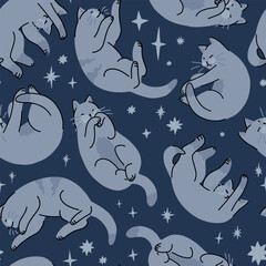 Seamless pattern of cute sleeping cats and stars. Pet animals, kitten ornament. Flat vector illustration.