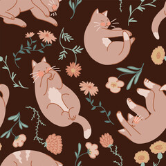 Seamless pattern of cute sleeping cats and wildflowers. Pet animals, kitten ornament. Flat vector illustration.