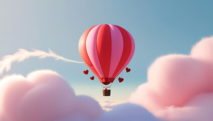 Obraz premium Romantic Red and Pink Hot Air Balloon in a Serene Valentine's Day Sky, a Valentine's Day card or love letter, banner, poster for website, Valentine's day concept,love, affection, generative ai