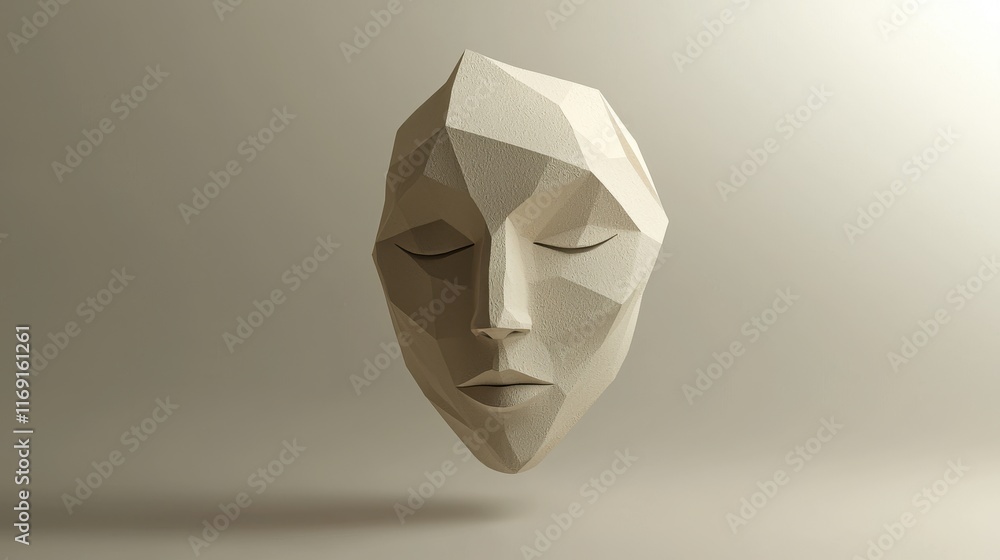 Poster contemporary geometric mask design rendered in 3d with subtle textures and soft shadows