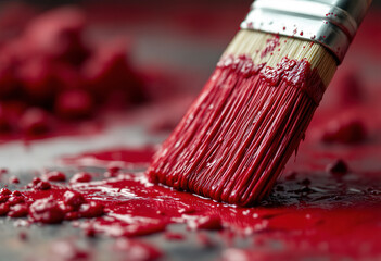 A close-up shot of a red paintbrush with a thick layer of wet red paint on its bristles