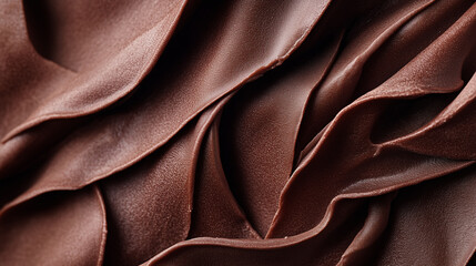A close up of chocolate ganache with creamy, velvety folds and soft highlights from natural lighting.