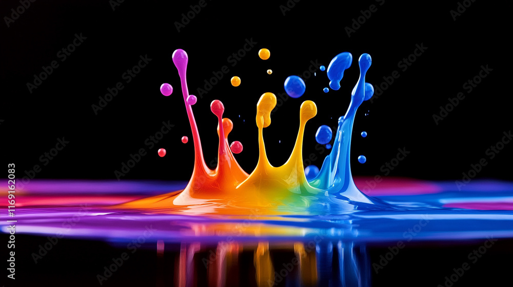 Poster colorful splashes of paint create vibrant patterns in dark background