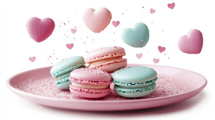Fototapeta premium French sweet colorful heart shape cookies macarons macaroons with crumbs flying falling on vintage pink plate isolated on white background. Pastry shop card with copy space. Valentines day.