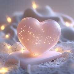 Fototapeta premium Pastel heart ornament glowing softly on lace with fairy lights in a cozy atmosphere