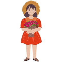 A girl in a straw hat with a bouquet of spring flowers.Poster, print, garden concept.Hand drawn flat illustration.