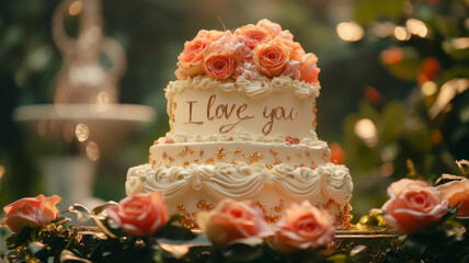 Fototapeta premium A multilevel Valentine's Day cake amidst a beautiful garden setting. Ideal for outdoor celebration inspiration.