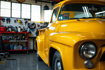 Obraz premium Old pickup truck 1950s. Yellow pickup truck at a car service station