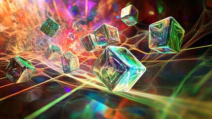 Fototapeta premium Colorful Cubes Flowing Through Vibrant Network