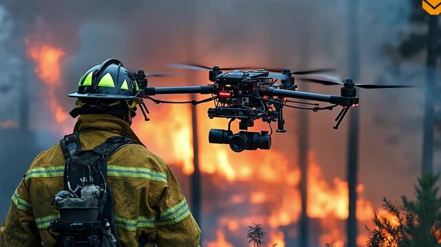 A firefighter is standing in front of a forest fire with a drone in the air