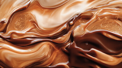 A close up of rich, melted chocolate swirling in a glossy, liquid texture, reflecting light like a mirror.