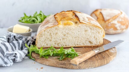 A macro shot of a warm, golden loaf of sourdough bread with a crisp crust and airy interior. The loaf is placed on a rustic wooden cutting board, accompanied by a knife and a small dish of salted 