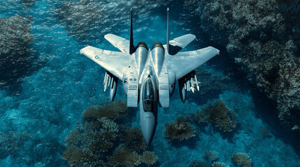 Fototapeta premium A fighter jet dramatically flying through an ocean, surrounded by coral structures.