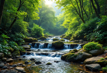 Obraz premium A lush, green forest with a flowing stream and small waterfalls cascading over rocks in the foreground. The scene is tranquil and serene, with sunlight filtering through the dense foliage
