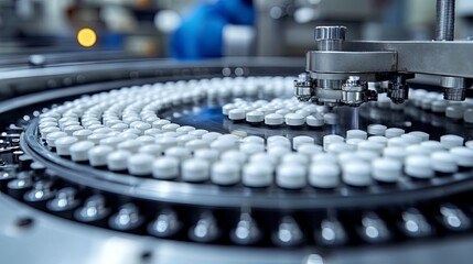 Obraz premium Automated wheel coater applying film coating to tablets in rotating drum