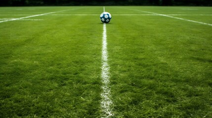 Fototapeta premium Soccer Ball on Green Field Center Line