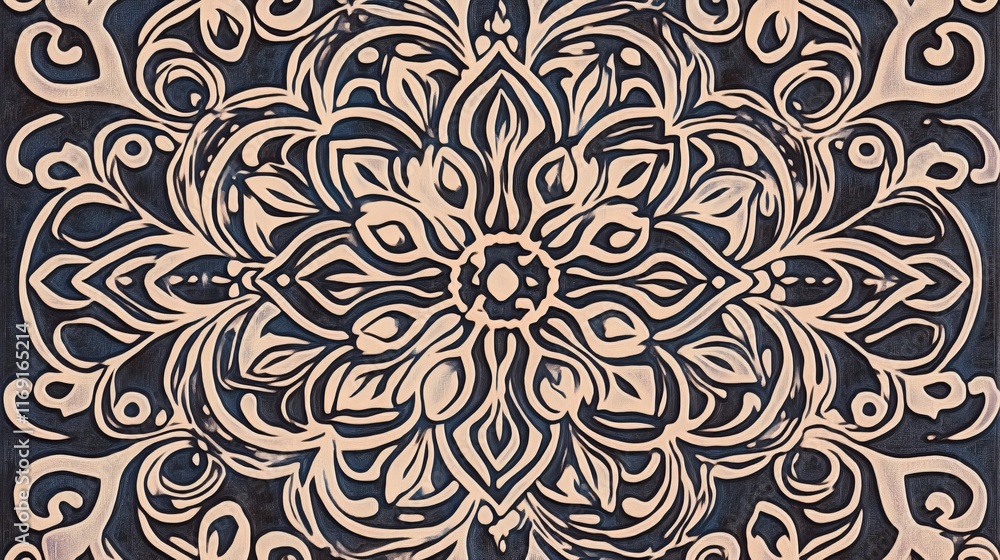 Poster intricate floral mandala design with symmetrical patterns and soft color contrasts.