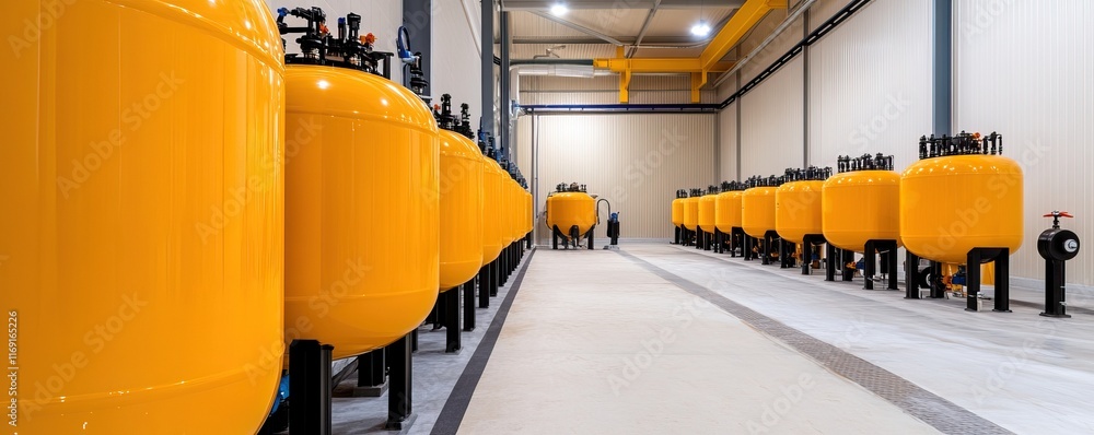 Poster the image showcases a row of yellow industrial tanks, organized in a spacious facility, emphasizing 