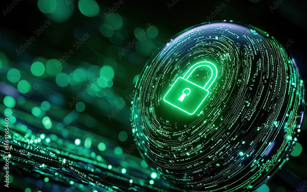 Poster a glowing green padlock icon within a digital sphere, symbolizing cybersecurity and data protection 