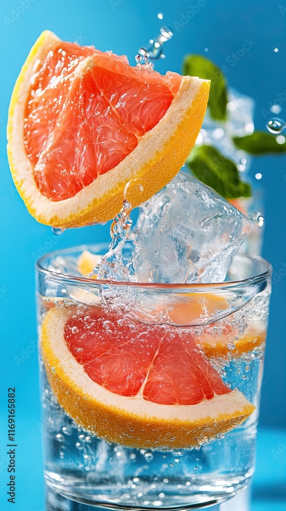 Poster a refreshing glass of sparkling water with vibrant grapefruit slices, creating a lively splash again