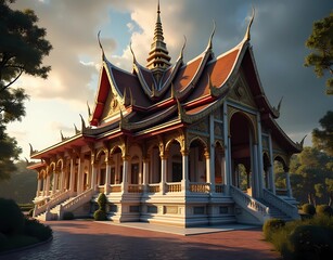 Obraz premium illustration of beautiful Thai-style buildings in the 16th century with intricate architecture and cinematic compositions