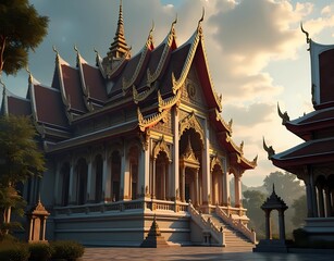 Obraz premium illustration of beautiful Thai-style buildings in the 16th century with intricate architecture and cinematic compositions