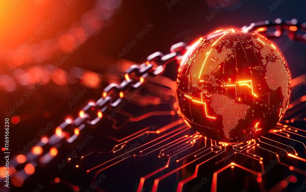 Poster a glowing digital globe connected by chains, set against a circuit-like background, symbolizing tech